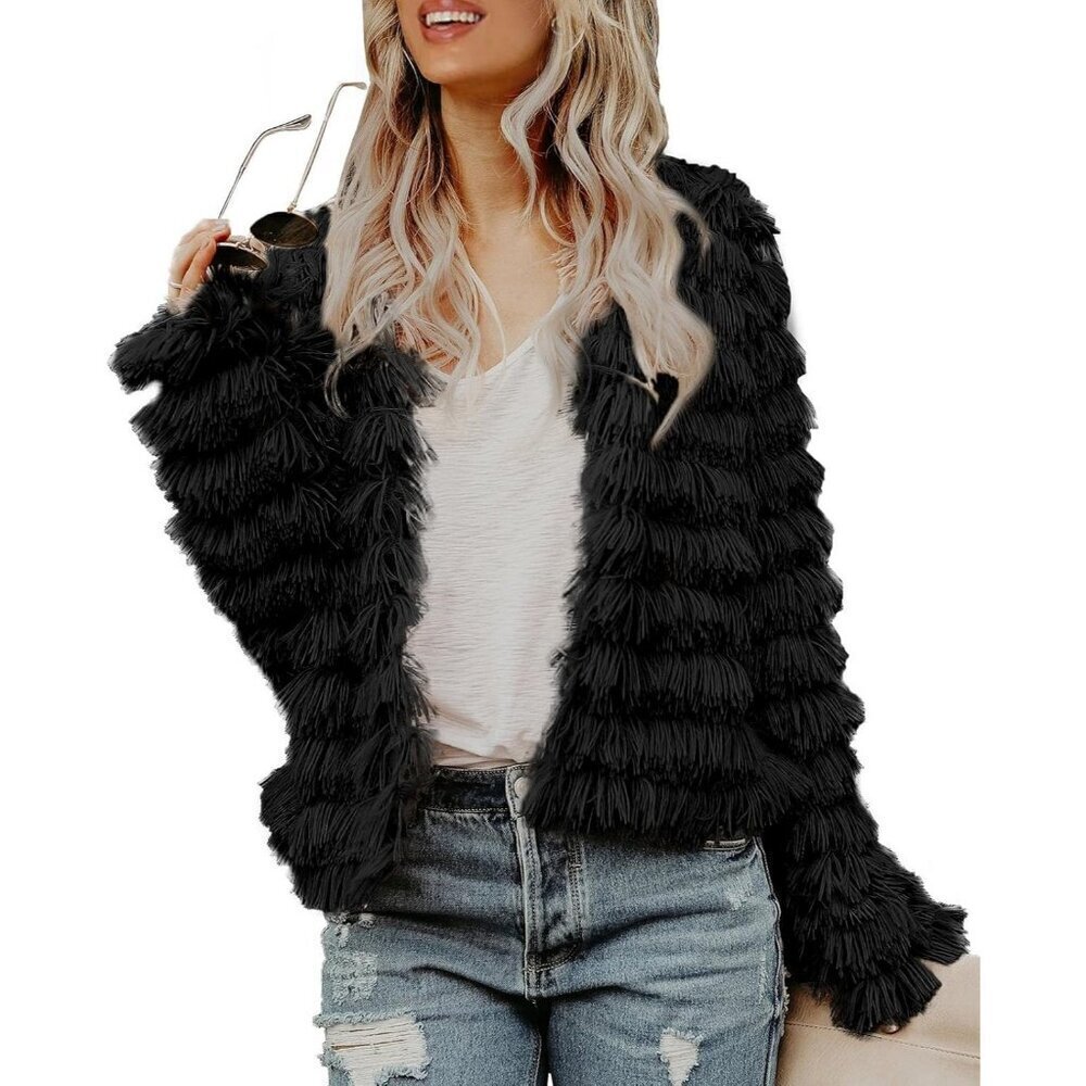 Women's Black Inorin Faux Fur Coat Open Front Shaggy Cardigan Vintage Jacket